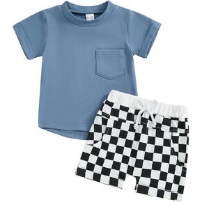 Toddler Baby Boy Summer Clothes Solid Color Short Sleeve Shirt Tops and Shorts Set Summer Outfit 2Pcs