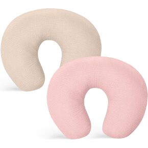 Winmany 2 Pack Muslin Nursing Pillow Covers Soft Cotton Newborn Breastfeeding Pillow Cover Baby Feeding Pillow Slipcover Shower Gifts for Boys Girls (Beige + Pink)