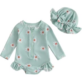 ZAXARRA Infant Baby Girl Swimsuit One Piece Cute Print Long Sleeve Swimwear Little Kid Toddler Bathing Suit