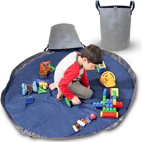 Portable Toy Storage Basket & Play Mat with Pocket Label - 9.3 Gallon Toy Organizer - Leather Handles, 60" Playmat - Toy Bag for Boys & Girls, Playroom, Grey