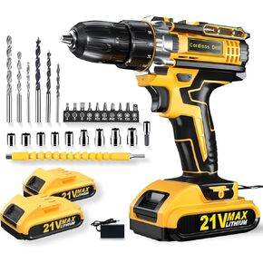 Cordless Drill, 2x 2.0Ah Batteries Power Drill, 3/8 Inch Chuck 370 In-lbs Electric Drill, 25+1 Torque Cordless Drill with Battery and Charger, 2 Speed LED Light 27 Accessories Combi Drill