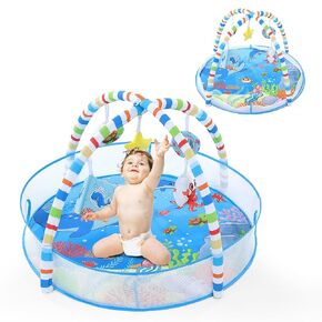 MABOZOO 4-in-1 Baby Activity Gym, Multi-Functional Ocean Play Mat Baby Playland with 6 Sensory Toys, Baby Gym & Ball Pit for Motor Skill Sensory Development, Ages 0-18 Months (Blue)