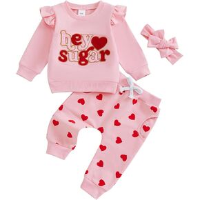 Toddler Baby Girl Valentine's Day Outfit Letter Ruffle Long Sleeve Sweatshirt Heart Print Pants Clothes Set