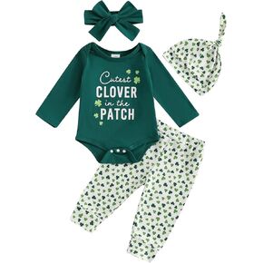 Lamuusaa Newborn Baby Girl St Patricks Day Outfit Cutest Clover In The Patch Romper Shamrock Long Pants Hat Headband Set