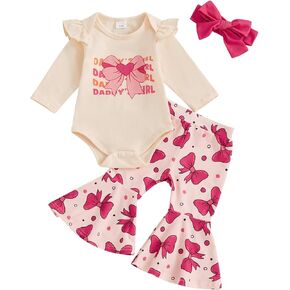 Springcmy Baby Girl Valentines Heart Outfit Long Ruffle Sleeve Romper + Flare Bell Bottom Pants+Headband 3Pcs Clothes Set
