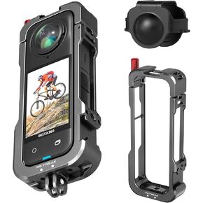 REYGEAK for Insta360 X4 Case, Aluminium Utility Frame for Insta360 X4,Protective Cage with Silicone Lens Cover,Cold Shoe Interface with 1/4" Threads Cold Shoe Mount Folding Fingers