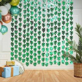 Lofaris 2 Pack of Hawaii Tropical Leaves Party Foil Fringe Curtains Summer Luau Green Palm Leaves Photo Booth Props Safari Jungle Animals Birthday Baby Shower Decorations Photo Booth Props 3.3x6.6ft