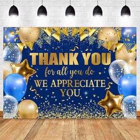 Thank You for All You Do Backdrop for Appreciate Party Decorations, Blue Gold We Appreciate You Banner, Employee Staff Teachers Doctors Retirement Photo Background for Thanks Party Supplies 8x6ft