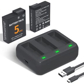 LP Osmo Action 5 Pro Battery Charger Pack, 2-Pack 2100mAh Replacement Batteries for DJI Action 5 Pro 4 3 Camera with Triple Slot USB-C Fast Charger, Compatible with DJI Osmo Action 3/4/5 Pro