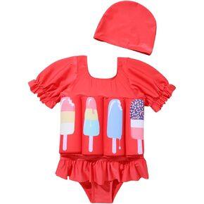 Kids Baby Girls Float Suit Ice Cream Floatation Swimsuit with Adjustable Buoyancy Bathing Swimwear Toddler One Piece Swimming Suit Summer Swim Vest Jacket Ruffle Tutu Swim Dress Red Ice Cream 3-4T