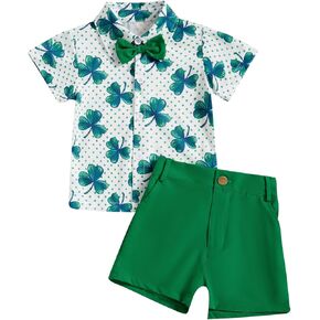 Kids Toddler Boy St Patricks Day Outfit Shamrock Short Sleeve Button Down Shirt Shorts Set Infant Baby Irish Outfit