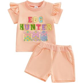 Toddler Baby Boy Girl Easter Outfits Egg Hunter Star Bunny T-shirt Summer Shorts Set Little Kids Matching Easter Outfit