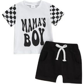 Toddler Baby Boy Summer Clothes Mamas Boy Checkerboard T-Shirts Tops and Elastic Shorts Sets Newborn Infant Clothes