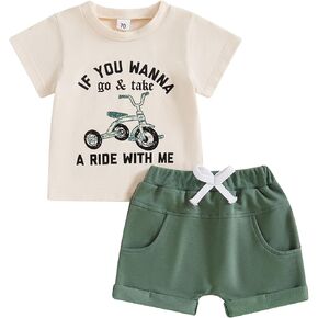 Toddler Baby Boy Summer Clothes Short Sleeve Tricycle Letter Print Shirt Elastic Waist Shorts Set Summer 2Pcs