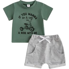 Toddler Baby Boy Summer Clothes Short Sleeve Tricycle Letter Print Shirt Elastic Waist Shorts Set Summer 2Pcs in Kuwait