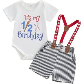 Half Birthday Outfit Baby Boy Short Sleeve Letter Romper Striped Suspender Shorts Cute Baseball Outfit Clothes