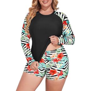Daci Women 2 Piece Plus Size Long Sleeve Rash Guard Zip Front Athletic Bottom Tankini Swimsuits UPF 50