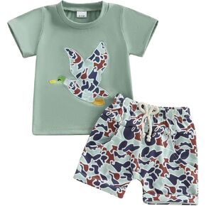 Toddler Baby Boy Hunting Clothes Mallard Duck Embroidery Short Sleeve T-Shirt Camouflage Shorts Set Summer Outfit