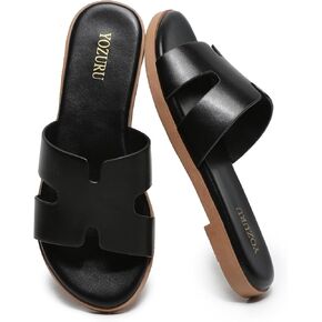 Yozuru Womens Flat Sandals Open Toe Dressy Summer Sandals Comfortable Casual Slip on Leather Slides Sandals for women