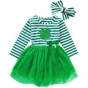 St Patricks Day Outfits Toddler Baby Girls Clover Dress Striped Long Sleeve Mesh Tutu Skirts with Headband 2PCS Set