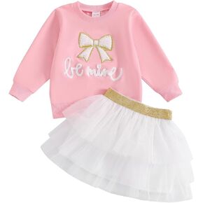 Toddler Girl Valentines Day Outfit Love Embroidery Crewneck Sweatshirt Heart Tulle Tutu Skirt Girls Valentines Dress