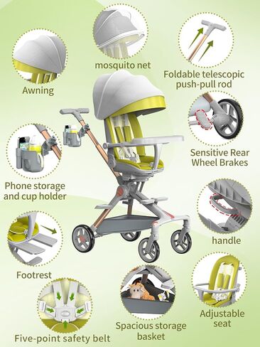 Lightweight Stroller with Snack Tray, Portable Stroller, Compact Travel Stroller with 360°Rotational Seat, Extra Large Storage Basket, and 5-Point Safety Belt Stroller for Toddlers 2-4 Years in Saudi Arabia