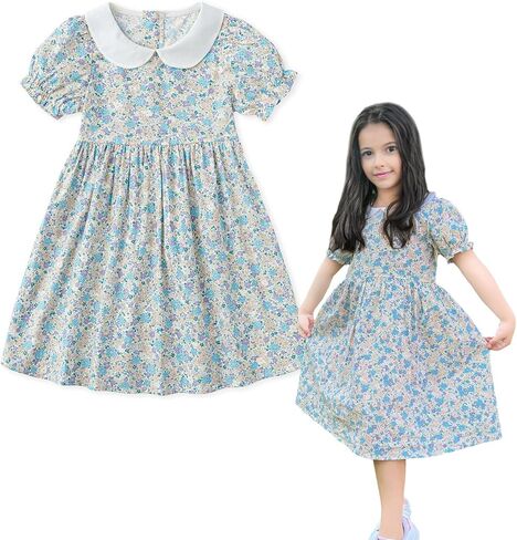 Curipeer Little Girls Summer Dress Floral Short Sleeve Cotton Casual Outfit Dress 12M-8Y in Saudi Arabia
