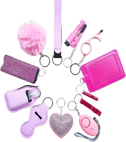 13pcs Keychain Set for Woman with Personal Alarm Pom Pom, Whistle Accessories kit for Women Key Chains Key Ring in Kuwait
