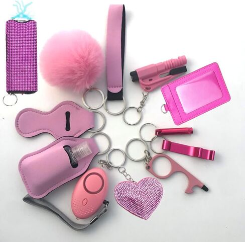 13pcs Keychain Set for Woman with Personal Alarm Pom Pom, Whistle Accessories kit for Women Key Chains Key Ring in Kuwait