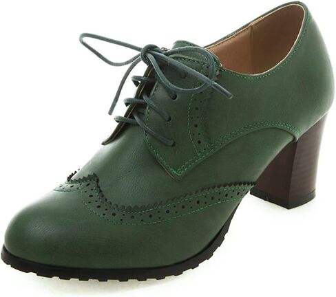 جلود نسائية عتيقة Oxfords Brogues Lace Up مكتنزة مكدسة Mid -Heel Pumps Round Round Toe Gress in Kuwait