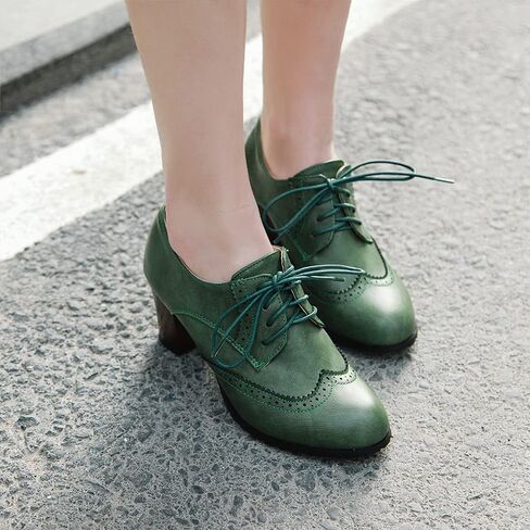 جلود نسائية عتيقة Oxfords Brogues Lace Up مكتنزة مكدسة Mid -Heel Pumps Round Round Toe Gress in Kuwait