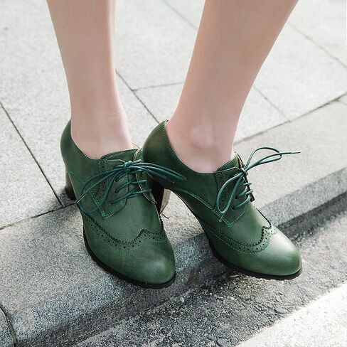 جلود نسائية عتيقة Oxfords Brogues Lace Up مكتنزة مكدسة Mid -Heel Pumps Round Round Toe Gress in Kuwait
