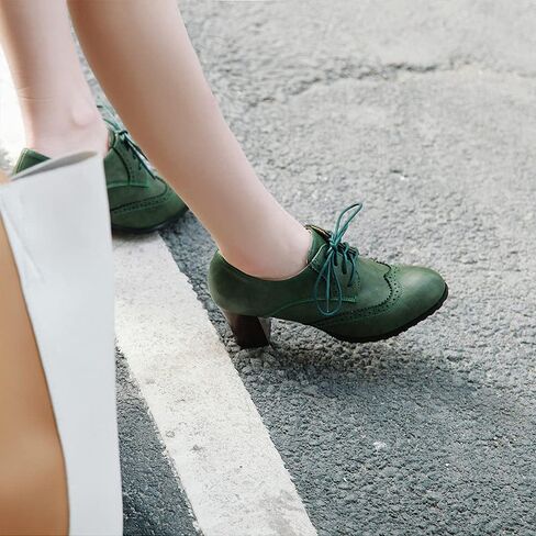 جلود نسائية عتيقة Oxfords Brogues Lace Up مكتنزة مكدسة Mid -Heel Pumps Round Round Toe Gress in Kuwait