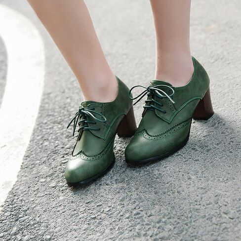جلود نسائية عتيقة Oxfords Brogues Lace Up مكتنزة مكدسة Mid -Heel Pumps Round Round Toe Gress in Kuwait