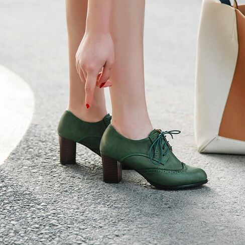 جلود نسائية عتيقة Oxfords Brogues Lace Up مكتنزة مكدسة Mid -Heel Pumps Round Round Toe Gress in Kuwait