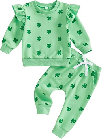 Lamuusaa Toddler Baby Girl St Patricks Day Outfit Shamrock Print Long Sleeve Sweatshirt Long Pants 2Pcs Clothes Set in Kuwait
