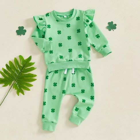 Lamuusaa Toddler Baby Girl St Patricks Day Outfit Shamrock Print Long Sleeve Sweatshirt Long Pants 2Pcs Clothes Set in Kuwait