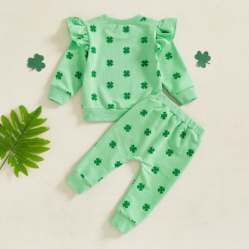 Lamuusaa Toddler Baby Girl St Patricks Day Outfit Shamrock Print Long Sleeve Sweatshirt Long Pants 2Pcs Clothes Set in Kuwait