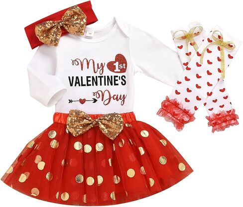 Newborn Baby Girls Valentine's Day Outfit Ruffles Long Sleeve Romper+Skirt Set+Headband+Leg Warmers Set in Kuwait