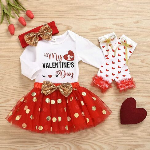 Newborn Baby Girls Valentine's Day Outfit Ruffles Long Sleeve Romper+Skirt Set+Headband+Leg Warmers Set in Kuwait