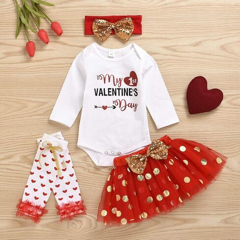 Newborn Baby Girls Valentine's Day Outfit Ruffles Long Sleeve Romper+Skirt Set+Headband+Leg Warmers Set in Kuwait