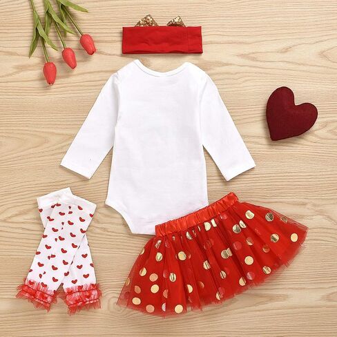 Newborn Baby Girls Valentine's Day Outfit Ruffles Long Sleeve Romper+Skirt Set+Headband+Leg Warmers Set in Kuwait