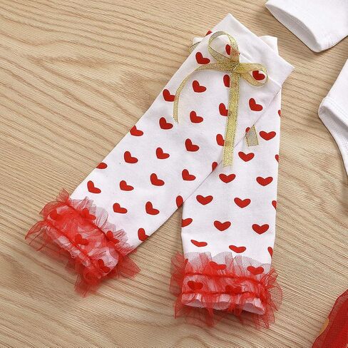 Newborn Baby Girls Valentine's Day Outfit Ruffles Long Sleeve Romper+Skirt Set+Headband+Leg Warmers Set in Kuwait