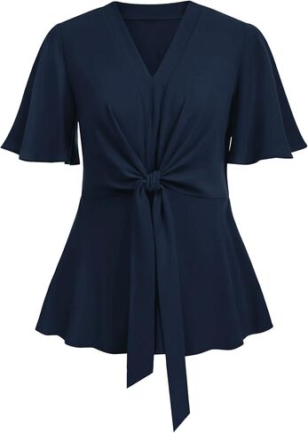2024 Women's Plus Size Peplum Tops Elegant V Neck Tie Front Bell Sleeve Flowy Blouses Shirts in Saudi Arabia