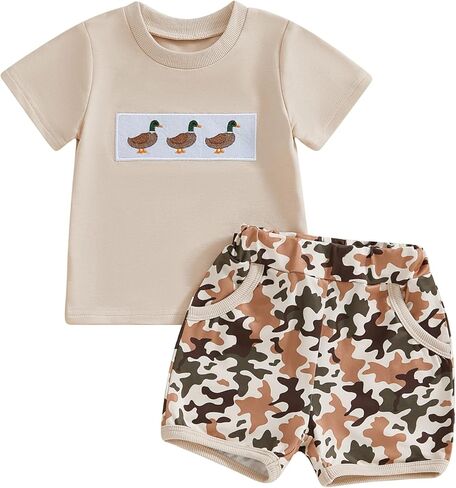 Baby Boy Hunting Outfits Duck Deer Embroidery Short Sleeve T-Shirt Camo Shorts Set 2Pcs Toddler Summer Clothes in Kuwait