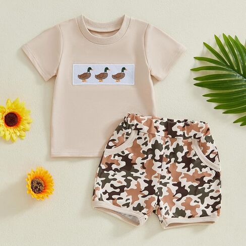 Baby Boy Hunting Outfits Duck Deer Embroidery Short Sleeve T-Shirt Camo Shorts Set 2Pcs Toddler Summer Clothes in Kuwait