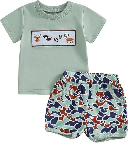 Baby Boy Hunting Outfits Duck Deer Embroidery Short Sleeve T-Shirt Camo Shorts Set 2Pcs Toddler Summer Clothes in Saudi Arabia