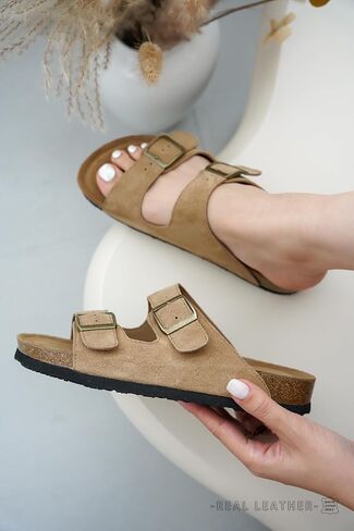 Project Cloud 100% Genuine Leather Womens Sandals Slides for Women (Venita) | Cork Footbed Sandals for Women with Memory Foam and Arch Support Vacation Essentials Slides for Women Footwear Flat Sandals in Saudi Arabia