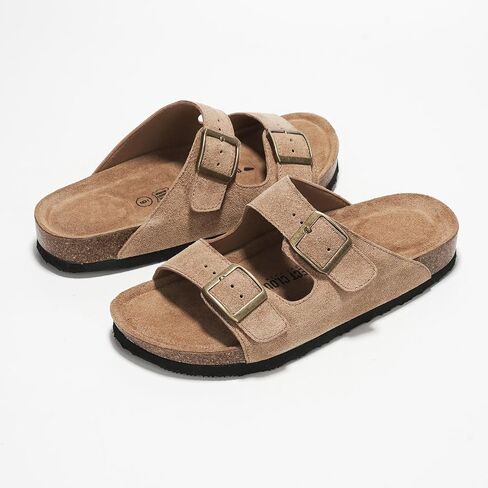 Project Cloud 100% Genuine Leather Womens Sandals Slides for Women (Venita) | Cork Footbed Sandals for Women with Memory Foam and Arch Support Vacation Essentials Slides for Women Footwear Flat Sandals in Saudi Arabia