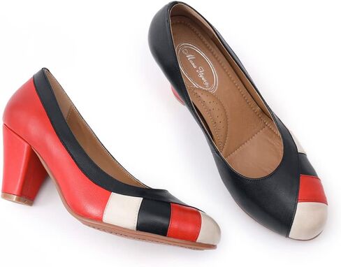 Mona flying Womens Retro Dress Pumps 7cm Chunky Heel Leather Dressy Shoes for Ladies in Saudi Arabia